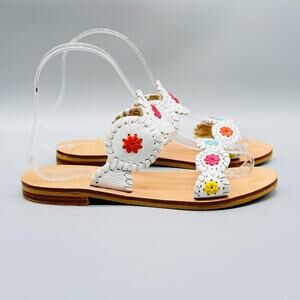Jack Rogers Sandals Girls 4 White Leather Miss Lauren Little Kid Floral Slip On